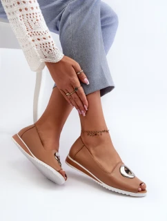 Czółenka Damskie Z Ozdobą Eko Skórzane Ciemnobeżowe Biolita