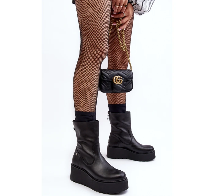 Damskie Skórzane Botki Na Masywnej Platformie Maciejka A7161-01 Czarne