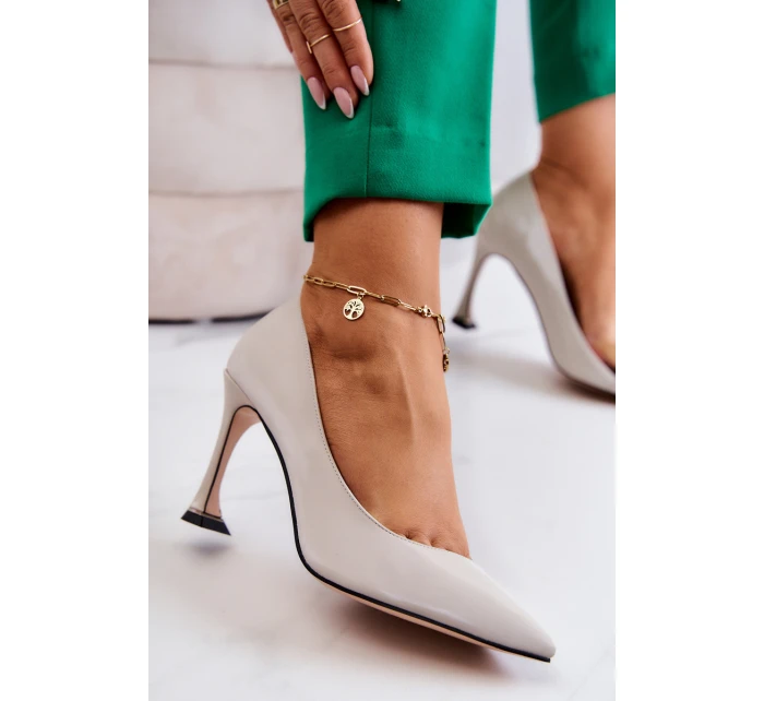 Modne Skórzane Szpilki Jasnoszare Tamira