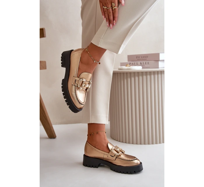 Damskie Skórzane Mokasyny Z Ozdobą CheBello 4369 Złote