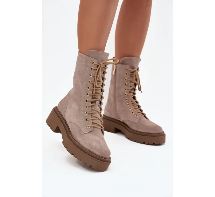 Botki Workery Damskie Z Naturalnego Zamsz Ocieplane Zazoo 4213 Beżowe