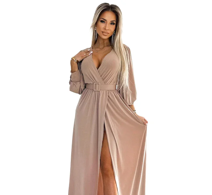 536-2 FIORELLA Dlhé šaty so širokým pásom a výstrihom - BEACH