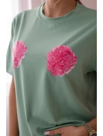 Bavlnená blúzka s kvetinovou potlačou tmavá mäta