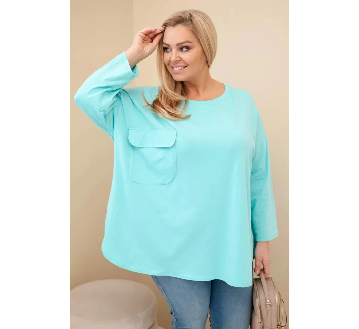 Dámská blůza Plus Size s bavlnou, kapsou a ohrnutým rukávem mátová