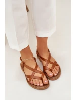 Skórzane Płaskie Sandały Z Przeplatającymi Się Paseczkami Zazoo 40429 Brązowe