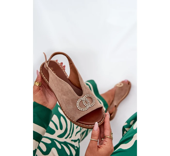 Sandały Damskie Z Ozdobą Na Płaskim Obcasie Eko Zamszowe Ciemnobeżowe Ralisses