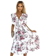 GABRIELLA Bílé dámské šaty s výstřihem, zavazováním a se vzorem bordó růží model 21290241 - numoco basic GABRIELLA Bílé dámské šaty s výstřihem, zavazováním a se vzorem bordó růží model 21290241 - numoco basic