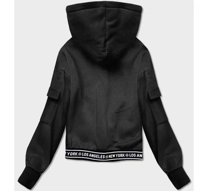 Krátka čierna dámska tepláková mikina so sťahovacími lemami (26030)