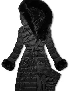 Čierny páperový zimný kabát s kožušinovou kapucňou J Style (11Z8095)