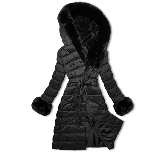 Černý péřový zimní kabát s kožešinovou kapucí model 21248502 - J.STYLE