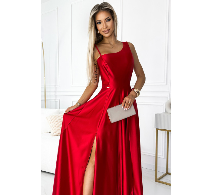 Elegantné dlhé červené dámske saténové šaty na jedno rameno 524-1