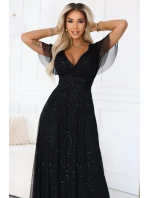 635-2 MELANIA Dlhé lesklé šaty s výstrihom a krátkymi rukávmi - čierne