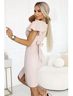 model 22112271 NINA elegantní šaty s obálkovým výstřihem, rukávy a páskem béžové se třpytkami - numoco