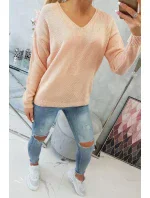 Sveter s výstrihom do V, púdrovo ružový