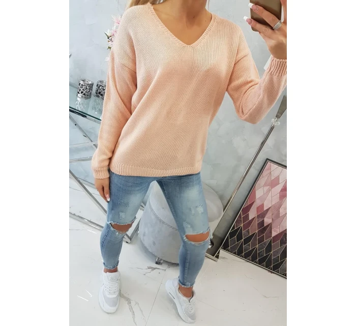 Sveter s výstrihom do V, púdrovo ružový