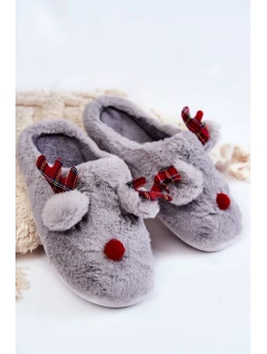 Damskie Świąteczne Futrzane Papcie Z Reniferem Szare Clarie