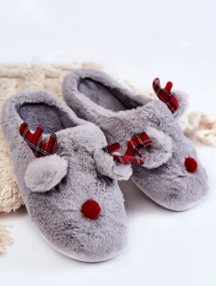 Damskie Świąteczne Futrzane Papcie Z Reniferem Szare Clarie