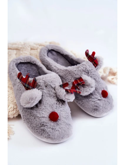 Damskie Świąteczne Futrzane Papcie Z Reniferem Szare Clarie