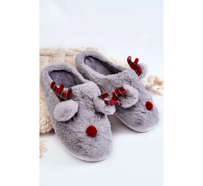 Damskie Świąteczne Futrzane Papcie Z Reniferem Szare Clarie