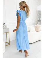 543-2 Plisované midi šaty s výstrihom a jemnými volánikmi - MODRÉ