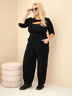 Dámské kalhoty bavlněné Plus Size manšestrové s gumou v pase a kapsami černé