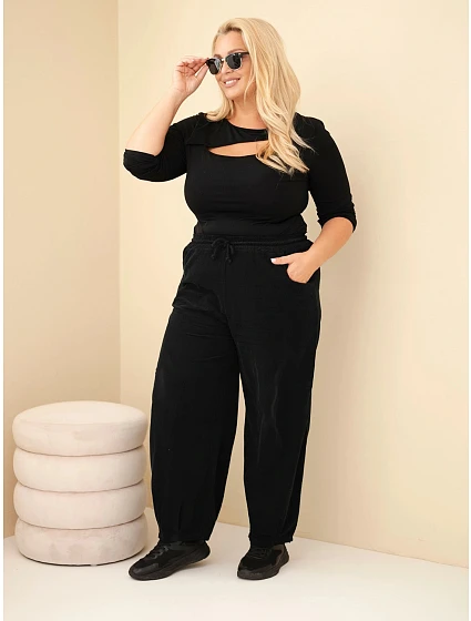 Dámské kalhoty bavlněné Plus Size manšestrové s gumou v pase a kapsami černé Dámské kalhoty bavlněné Plus Size manšestrové s gumou v pase a kapsami černé