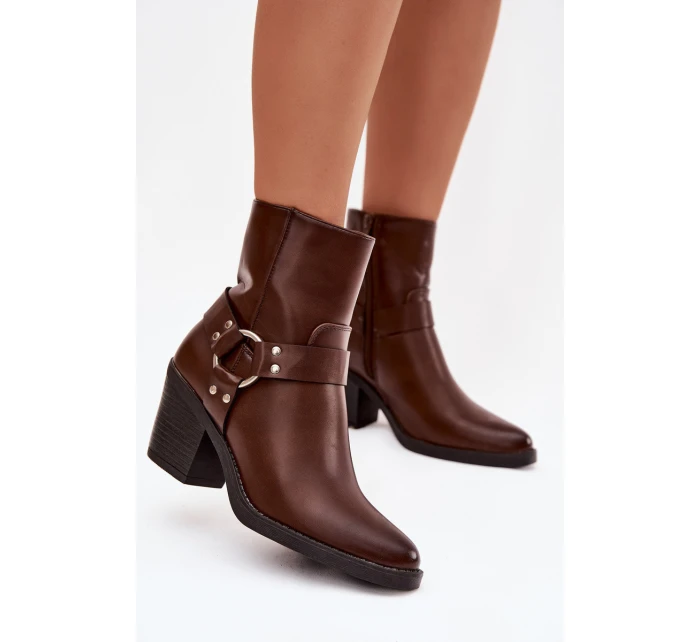 Zateplené dámské kotníkové boty na podpatku s ozdobným prvkem hnědé Jurelle