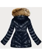 Tmavomodrá lesklá zimná bunda s machovou kožušinovou podšívkou (w673)