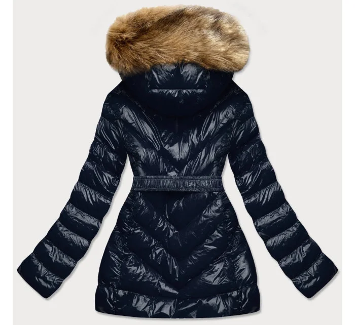 Tmavomodrá lesklá zimná bunda s machovou kožušinovou podšívkou (w673)