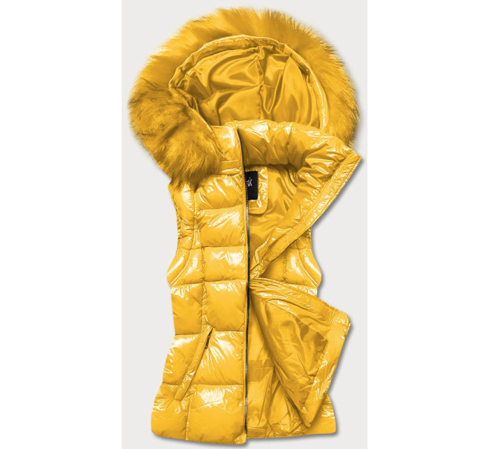 Žltá lakovaná dámska vesta s kožušinou (DK027-86)