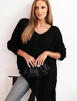 Dámsky vlnený asymetrický sveter Plus Size s výstrihom do V Black
