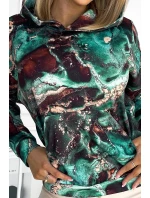 Dámska mikina s tyrkysovo-hnedým mramorovým vzorom as kapucňou 390-2