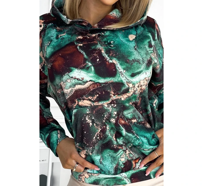 Dámska mikina s tyrkysovo-hnedým mramorovým vzorom as kapucňou 390-2