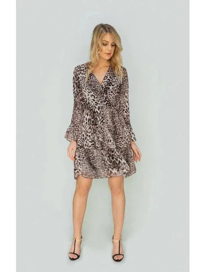 Béžové dámské šaty s přeloženým obálkovým výstřihem model 15498070 - MADE IN ITALY Béžové dámské šaty s přeloženým obálkovým výstřihem model 15498070 - MADE IN ITALY