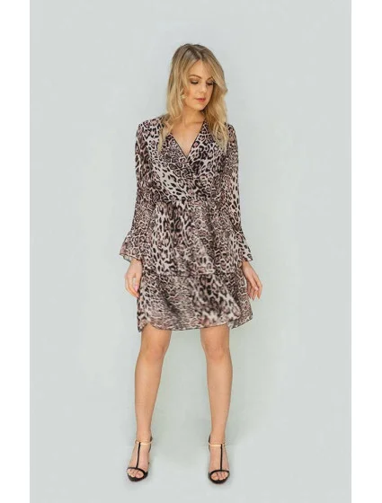 Béžové dámské šaty s přeloženým obálkovým výstřihem model 15498070 - MADE IN ITALY