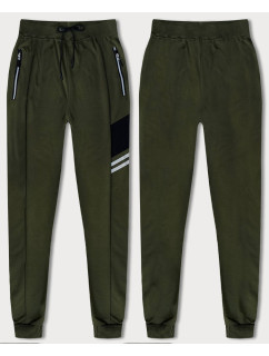 Pánske teplákové nohavice v khaki farbe s farebnými vsadkami (8K206B-29)