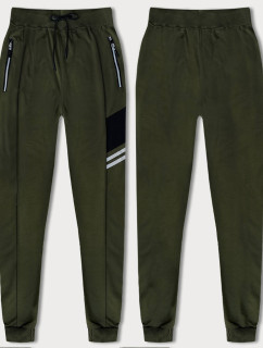 Pánske teplákové nohavice v khaki farbe s farebnými vsadkami (8K206B-29)