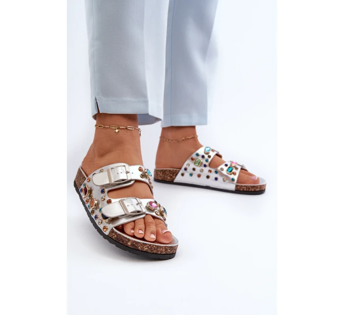 Zdobione Klapki Damskie Z Klamrami S.Barski MY121 Srebrne