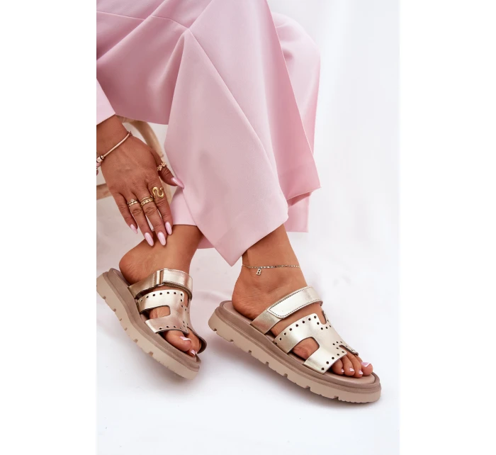 Klapki Damskie Z Naturalnej Skóry Na Platformie Zazoo 40440 Złote