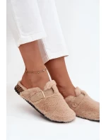 Futrzane Klapki Damskie Na Platformie Z Paskiem I Klamrą Beżowe Noraline