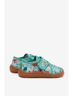 Dětské papuče na suchý zip Barefoot Květiny Listy Froddo G1700438-14 Mentolové