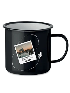 Personalizovaný retro plechový pohár s fotografiou a cestovateľským motívom
