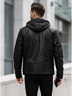 Pánska kožená zateplená bunda s kapucňou, čierna, FashionStreet TX5145 Pánska kožená zateplená bunda s kapucňou, čierna, FashionStreet TX5145