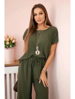 Viskózový komplet plisovaná halenka + kalhoty khaki