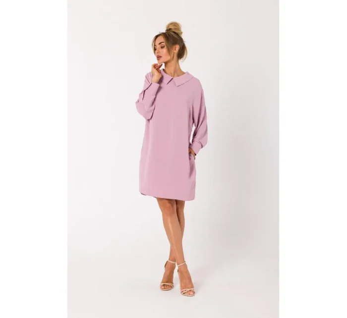 M740 Košeľové šaty s ozdobným golierom - krepové ružové M740 Košeľové šaty s ozdobným golierom - krepové ružové