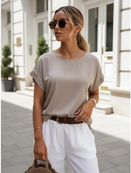 Dámska oversize blúzka z viskózy s krátkymi rukávmi v farbe mokka, FashionStreet RY2925