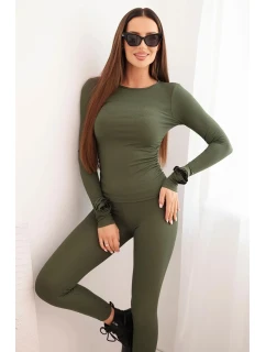 Dámska súprava s dlhým rukávom z rebrovanej viskózy s khaki legínami