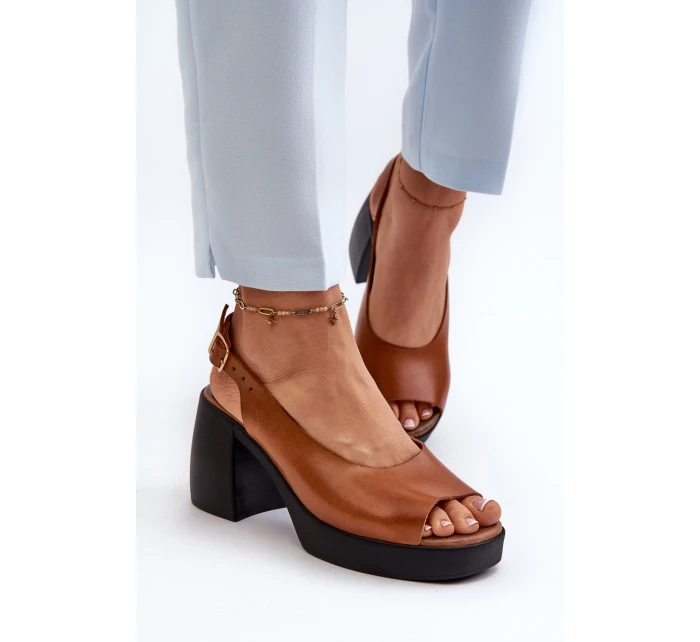 Zazoo 40376 Skórzane Sandały Na Masywnym Obcasie Brązowe