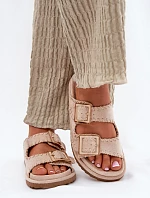 Klapki Damskie Z Klamrami I Ozdobnym Obszyciem Beżowe Visley