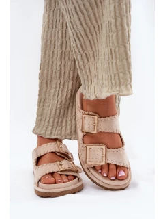 Klapki Damskie Z Klamrami I Ozdobnym Obszyciem Beżowe Visley